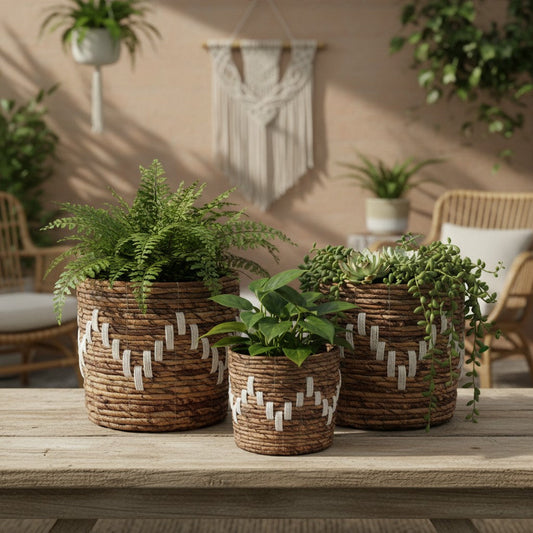 Banana Leaf & Macrame ZigZag Planter Basket