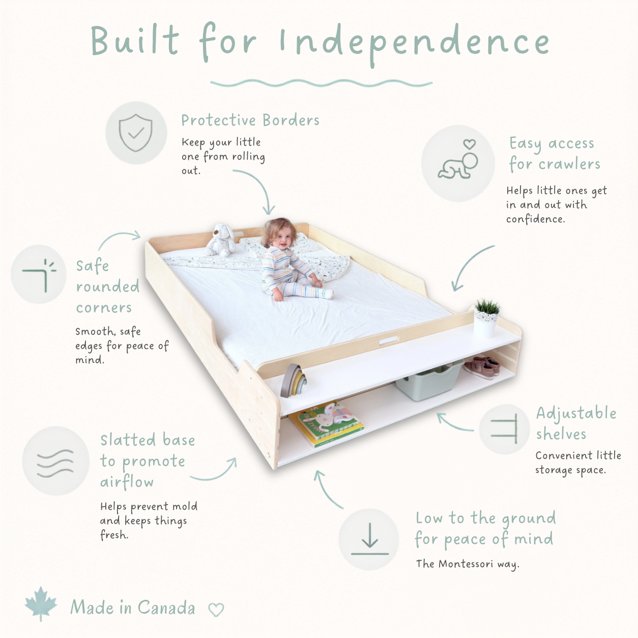 APPLE FULL - Montessori Floor Bed with Shelves