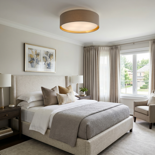 BILBAO Gold Fabric Flush Mount Ceiling Light for Bedroom, Hallway & Living Room