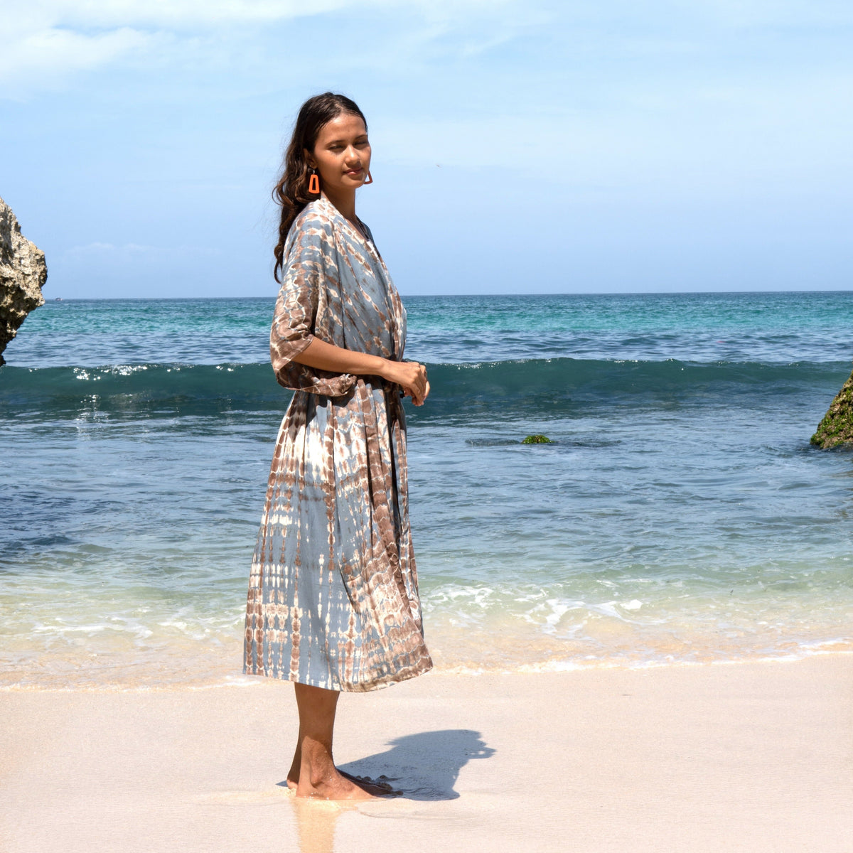 Long Kimono In Tan & Grey Tie Dye