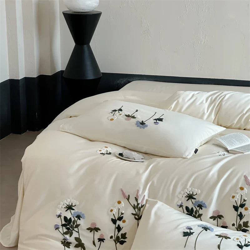 Royal Retreat Daisy Floral Embroidery 1000 TC Cotton Duvet Set - White