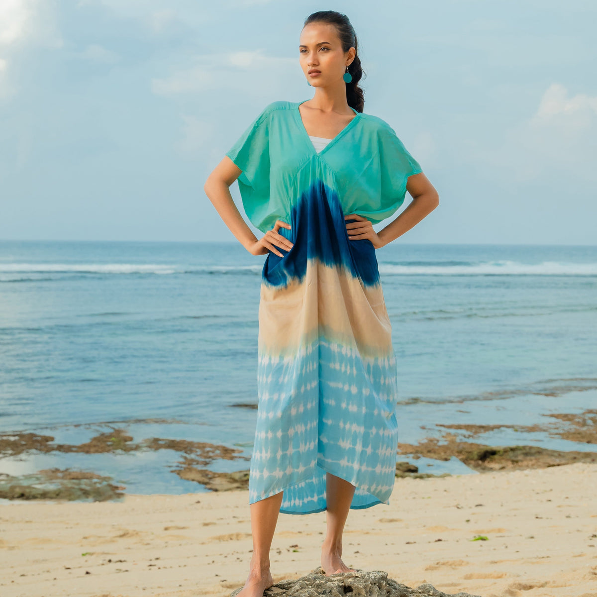 Ombre Strped Kaftan Dress - Blue & Tan