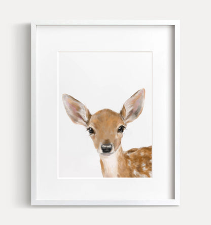 Baby Fawn Wall Art, Bambi Nursery Girl Room Decor, Cute Woodland Animals, Boho Minimalist, Neutral Forest Painting for Bedroom