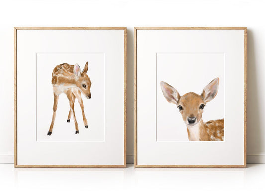 Baby Fawn Wall Art, Bambi Nursery Girl Room Decor, Cute Woodland Animals, Boho Minimalist, Neutral Forest Painting for Bedroom