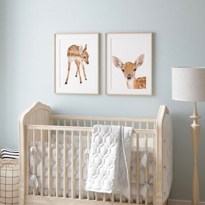 Baby Fawn Wall Art, Bambi Nursery Girl Room Decor, Cute Woodland Animals, Boho Minimalist, Neutral Forest Painting for Bedroom