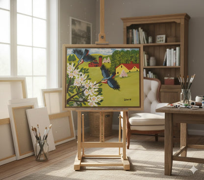 FRAMED ART PRINT BY MAUD LEWIS HUMMINGBIRDS FOLK ART PAINTING FLAT STYLE WALL DECOR 24 X 28 INCHES