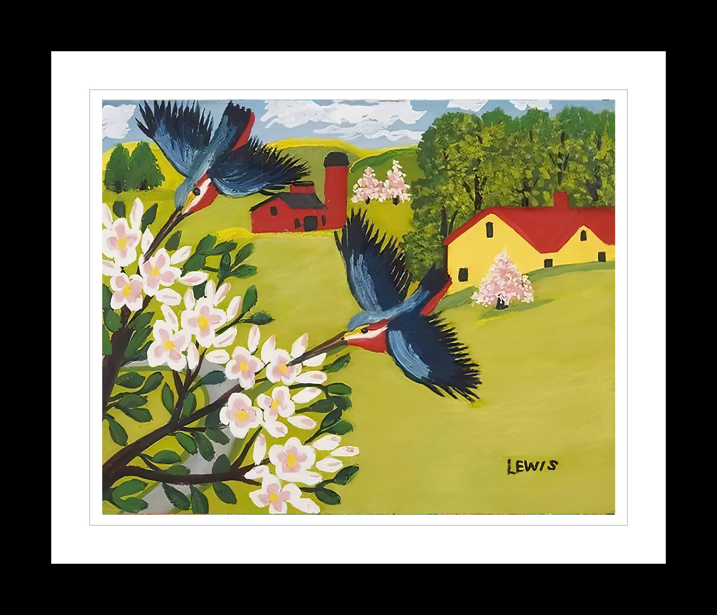 FRAMED ART PRINT BY MAUD LEWIS HUMMINGBIRDS FOLK ART PAINTING FLAT STYLE WALL DECOR 24 X 28 INCHES