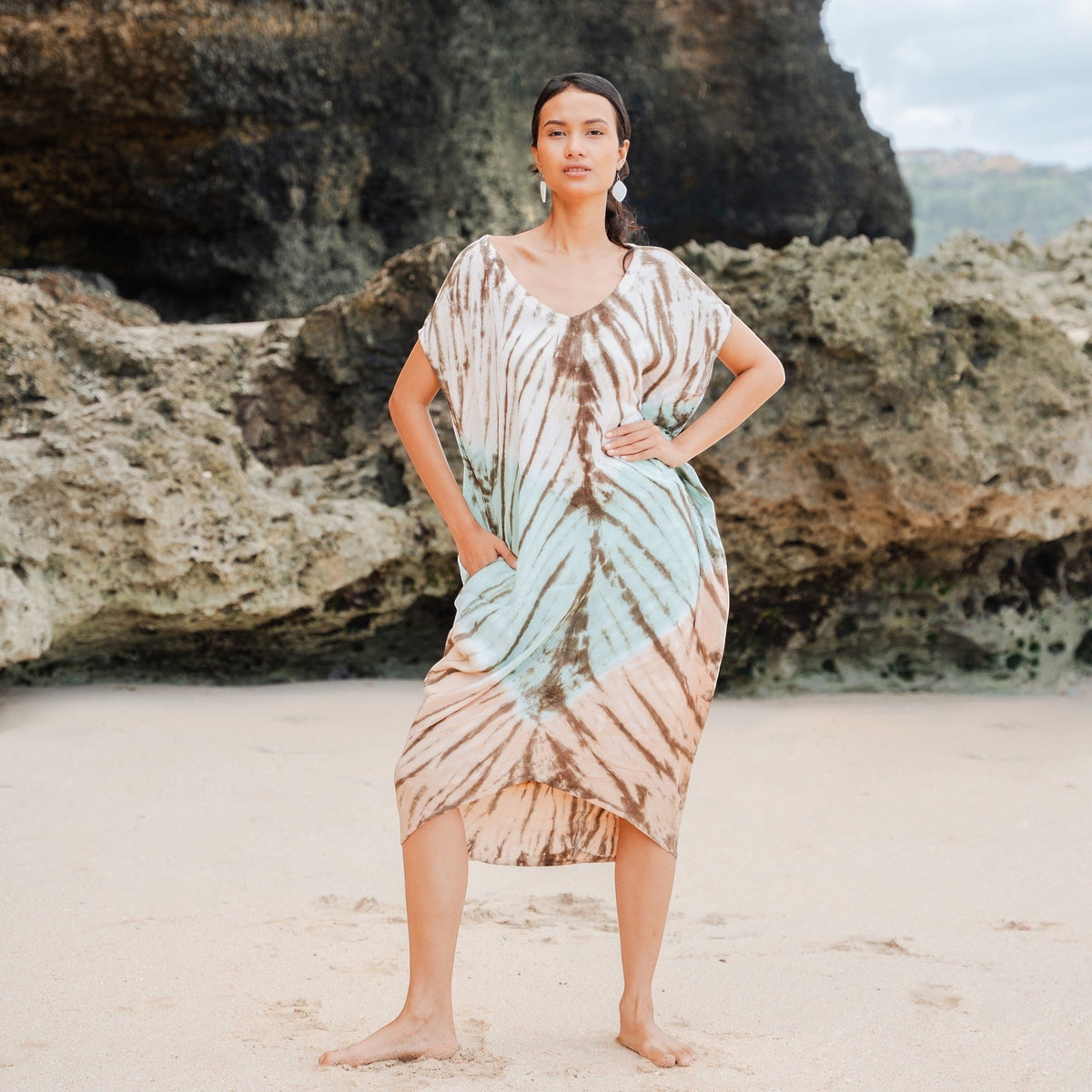 Tie Dye Lapis Ombre Kaftan Dress - Mint & Brown