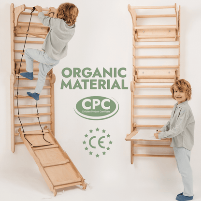 Wooden Swedish Wall 7in1/ Climbing ladder for Children + Swing Set + Slide Board + Art Add-on