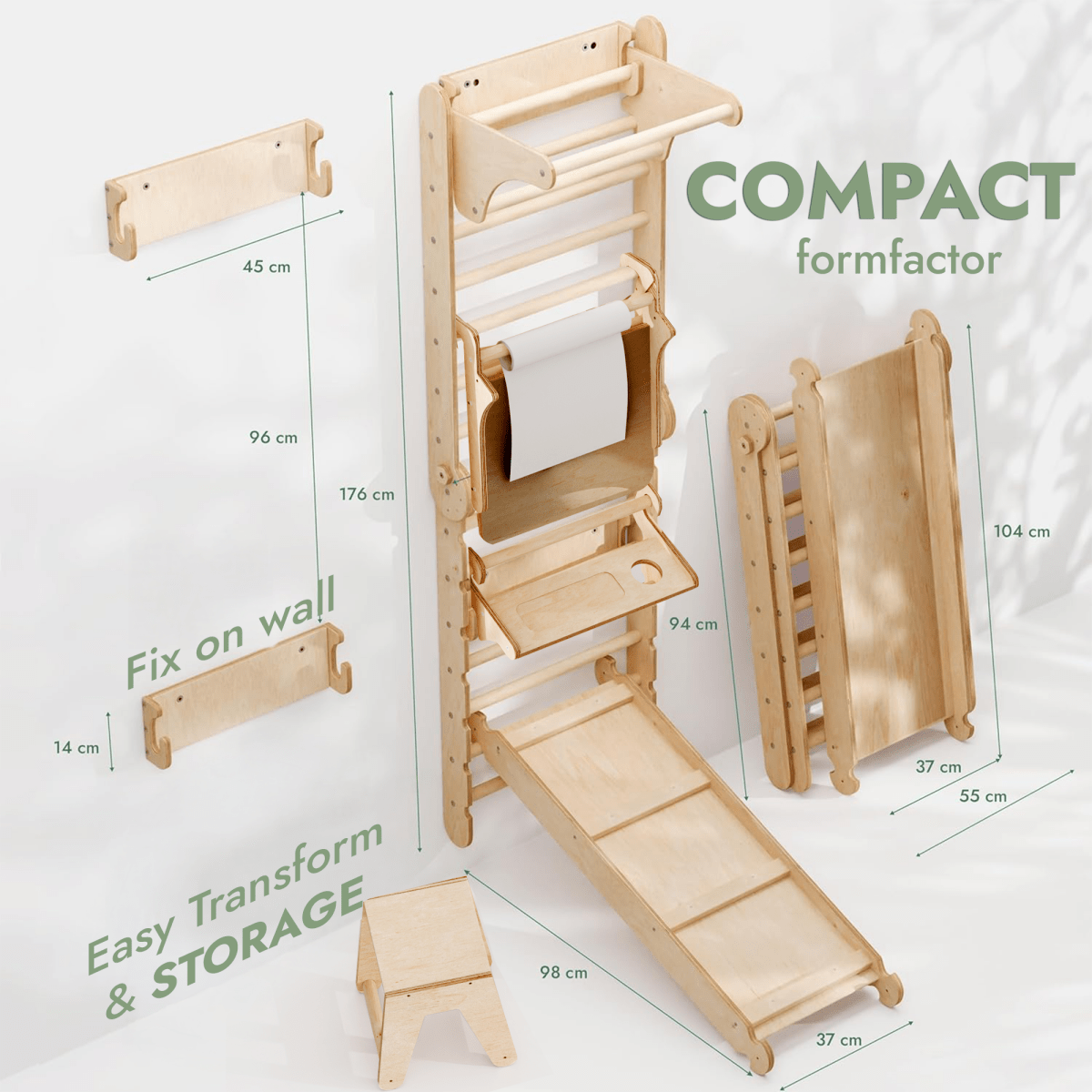 Wooden Swedish Wall 7in1/ Climbing ladder for Children + Swing Set + Slide Board + Art Add-on