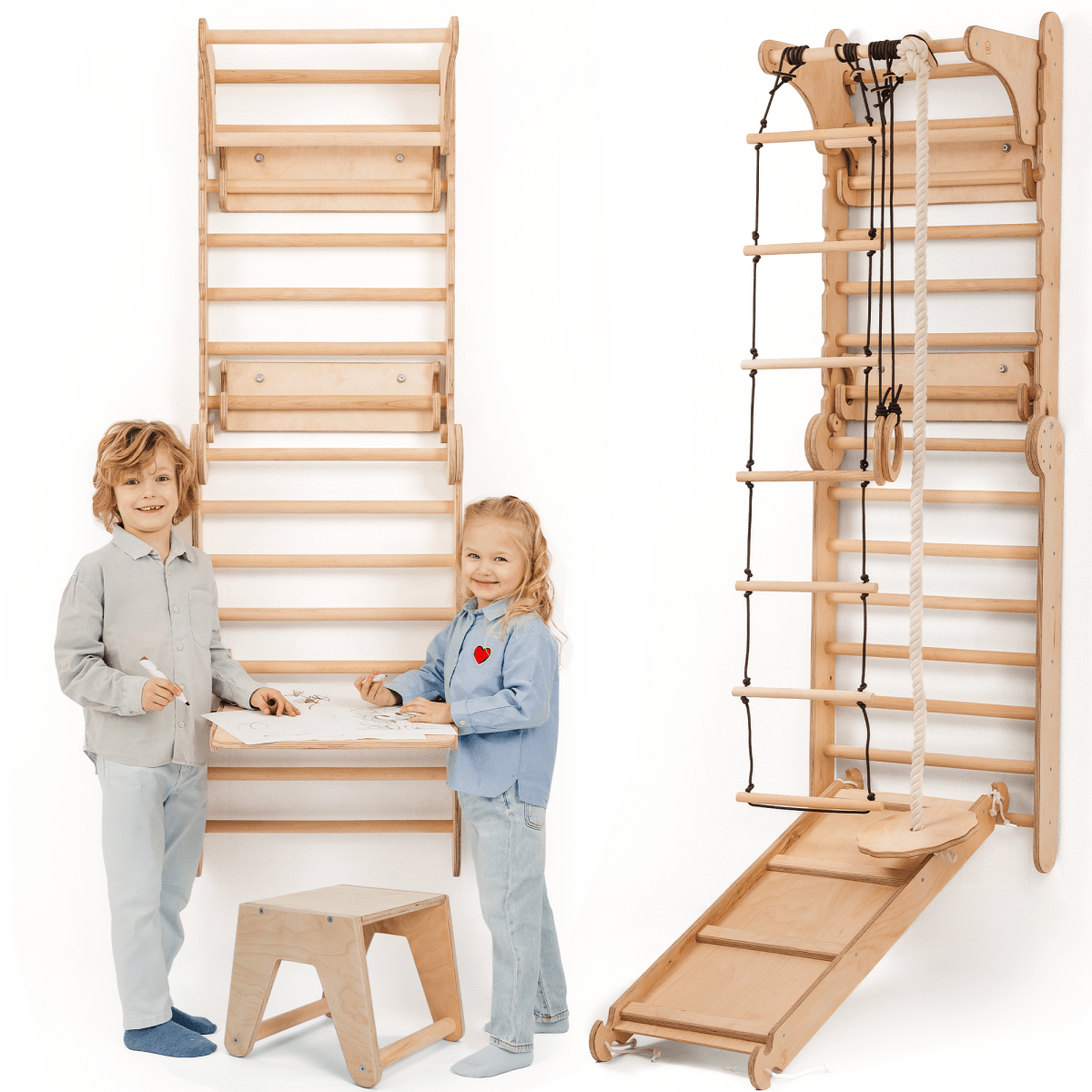 Wooden Swedish Wall 7in1/ Climbing ladder for Children + Swing Set + Slide Board + Art Add-on