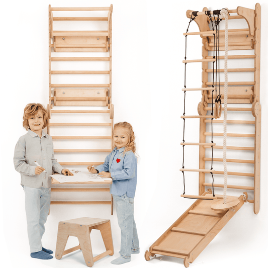 Wooden Swedish Wall 7in1/ Climbing ladder for Children + Swing Set + Slide Board + Art Add-on