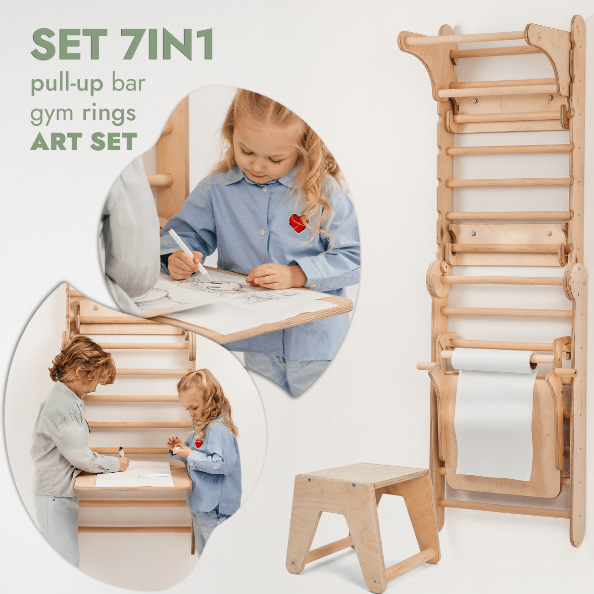 Wooden Swedish Wall 7in1/ Climbing ladder for Children + Swing Set + Slide Board + Art Add-on
