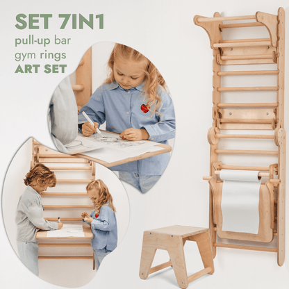 Wooden Swedish Wall 7in1/ Climbing ladder for Children + Swing Set + Slide Board + Art Add-on