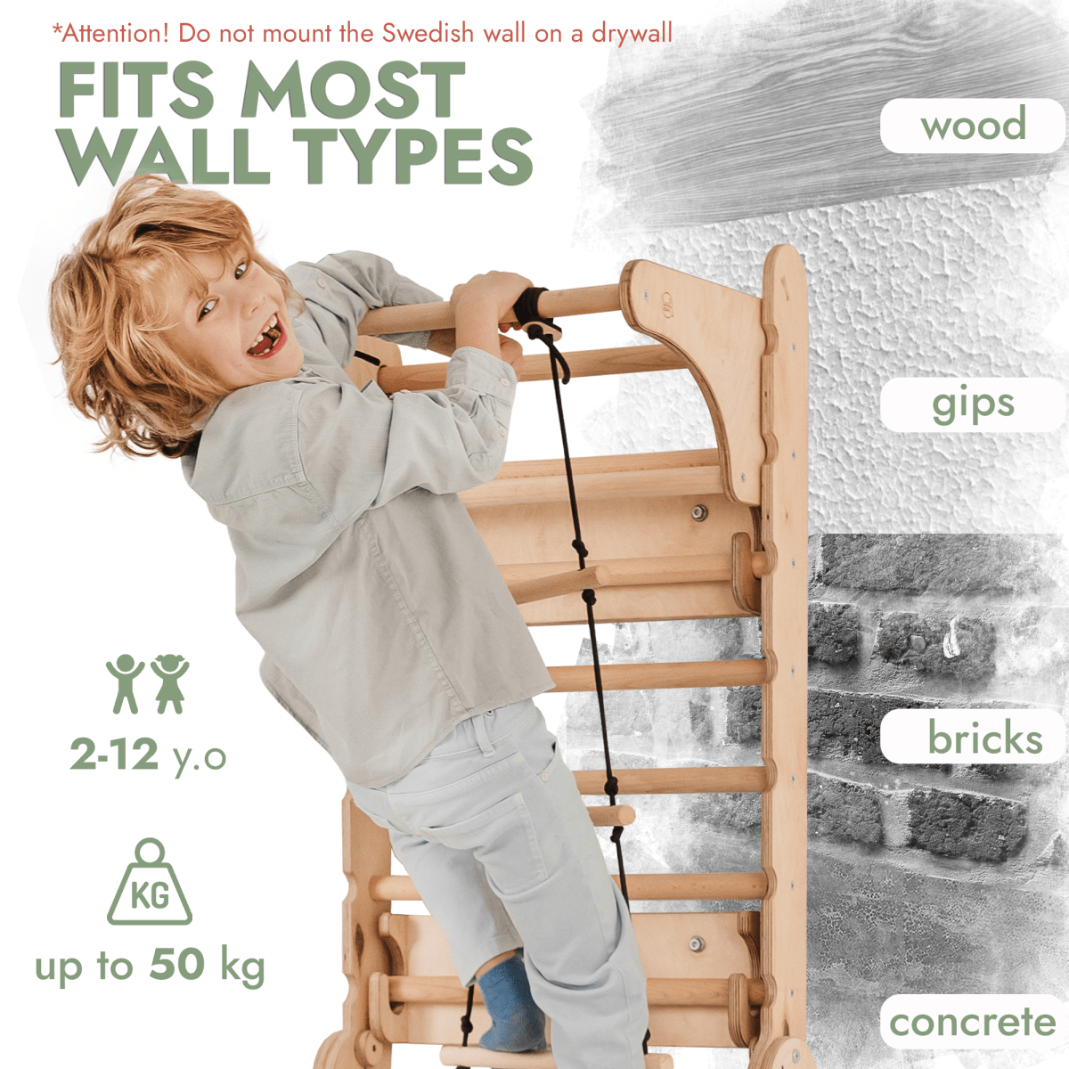 Wooden Swedish Wall 7in1/ Climbing ladder for Children + Swing Set + Slide Board + Art Add-on