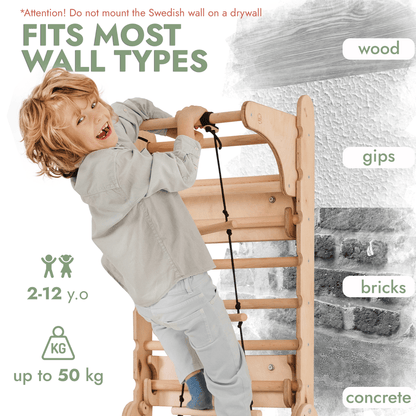 Wooden Swedish Wall 7in1/ Climbing ladder for Children + Swing Set + Slide Board + Art Add-on