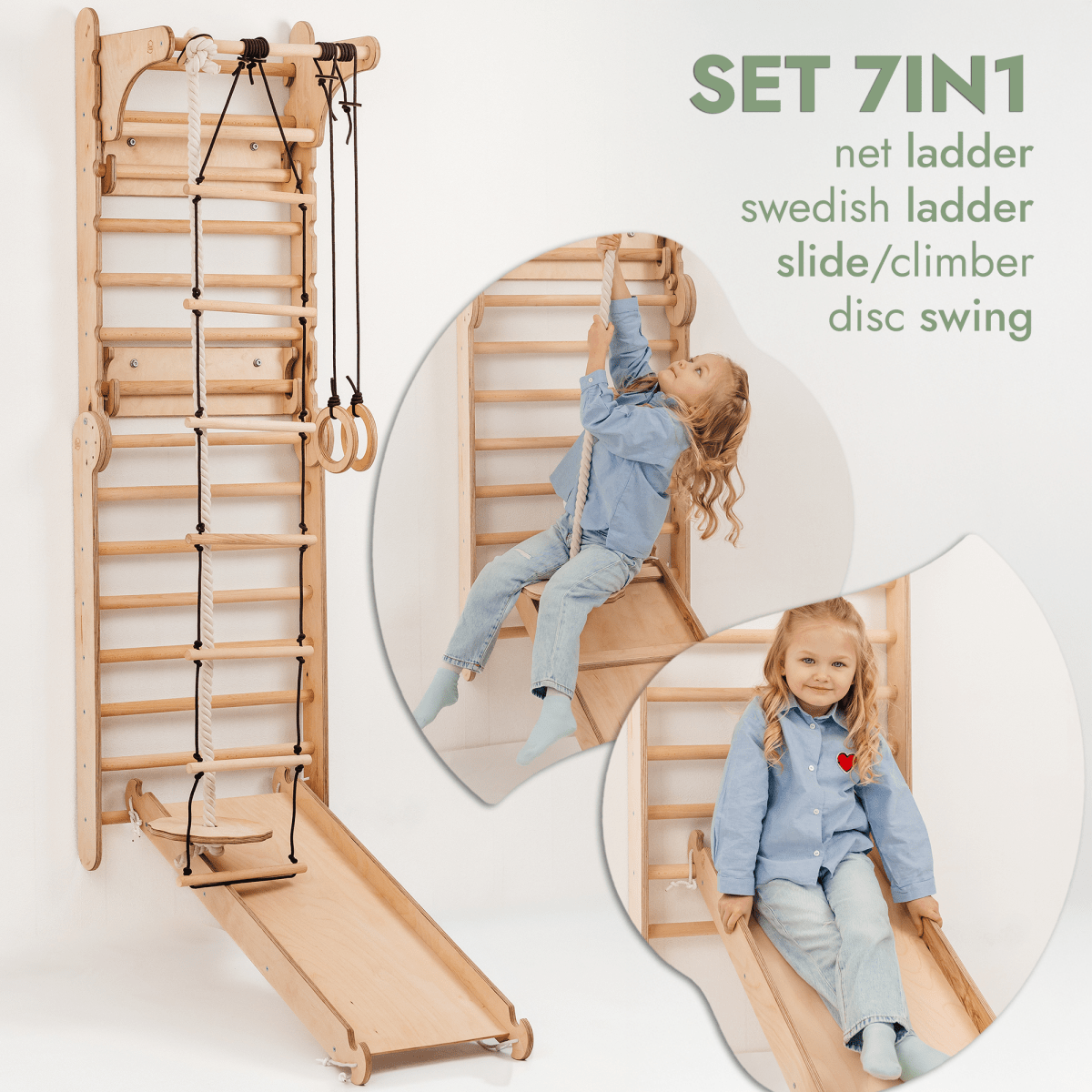 Wooden Swedish Wall 7in1/ Climbing ladder for Children + Swing Set + Slide Board + Art Add-on