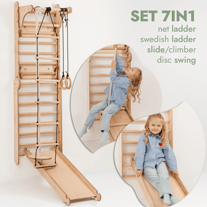 Wooden Swedish Wall 7in1/ Climbing ladder for Children + Swing Set + Slide Board + Art Add-on